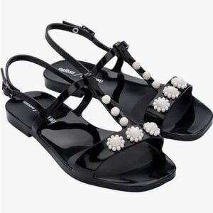 Melissa + Jason Wu White Daisy Beaded T-Stap Flat Jelly Sandals sz 9 New